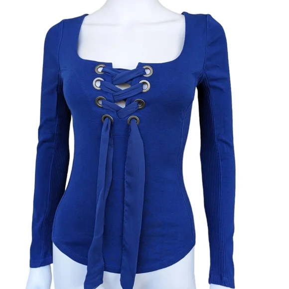 Free People Looking Back Blue Cobalt Long Sleeve Lace-Up Top - Picture 1 of 10